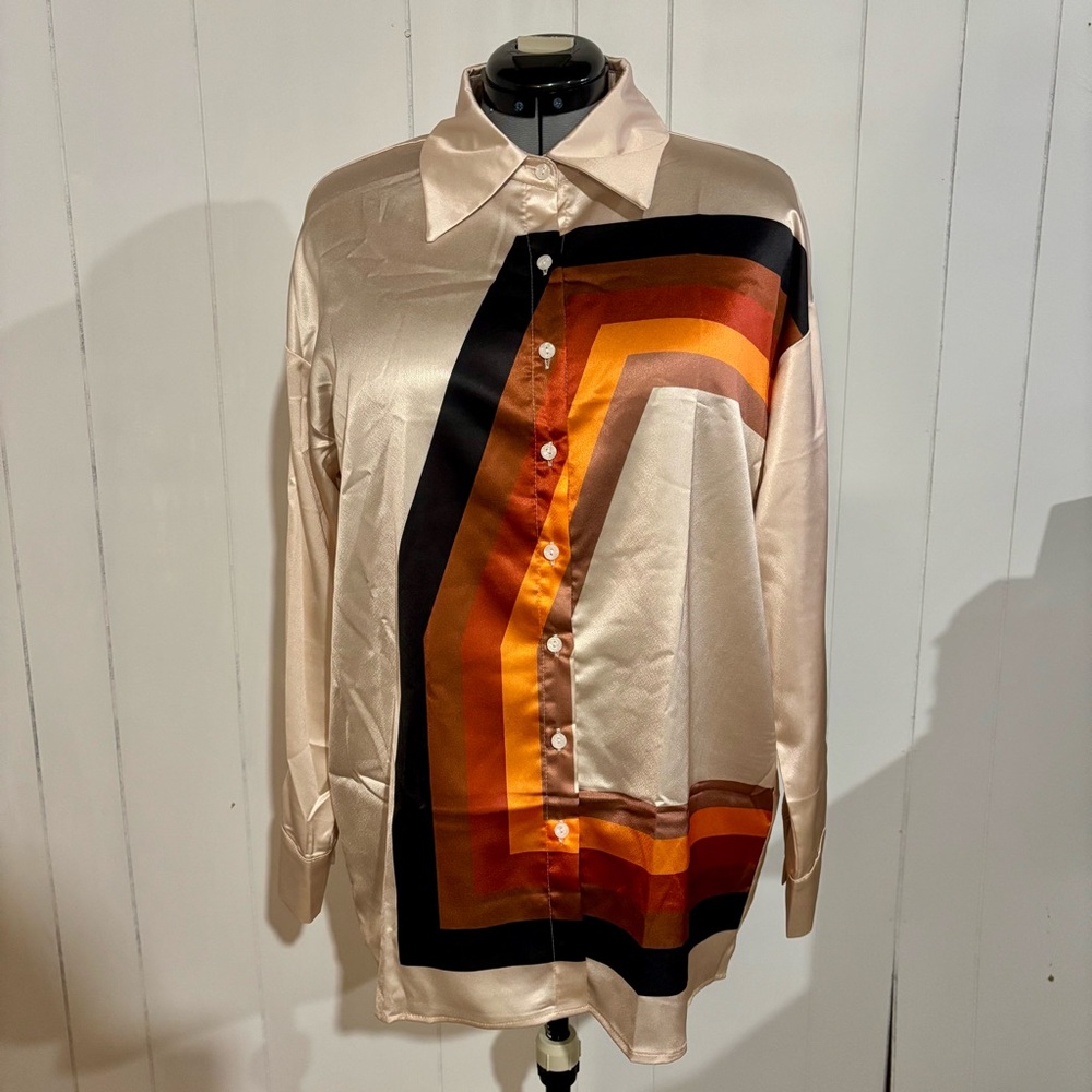 SHEIN Cream and Orange Button Down Shirt